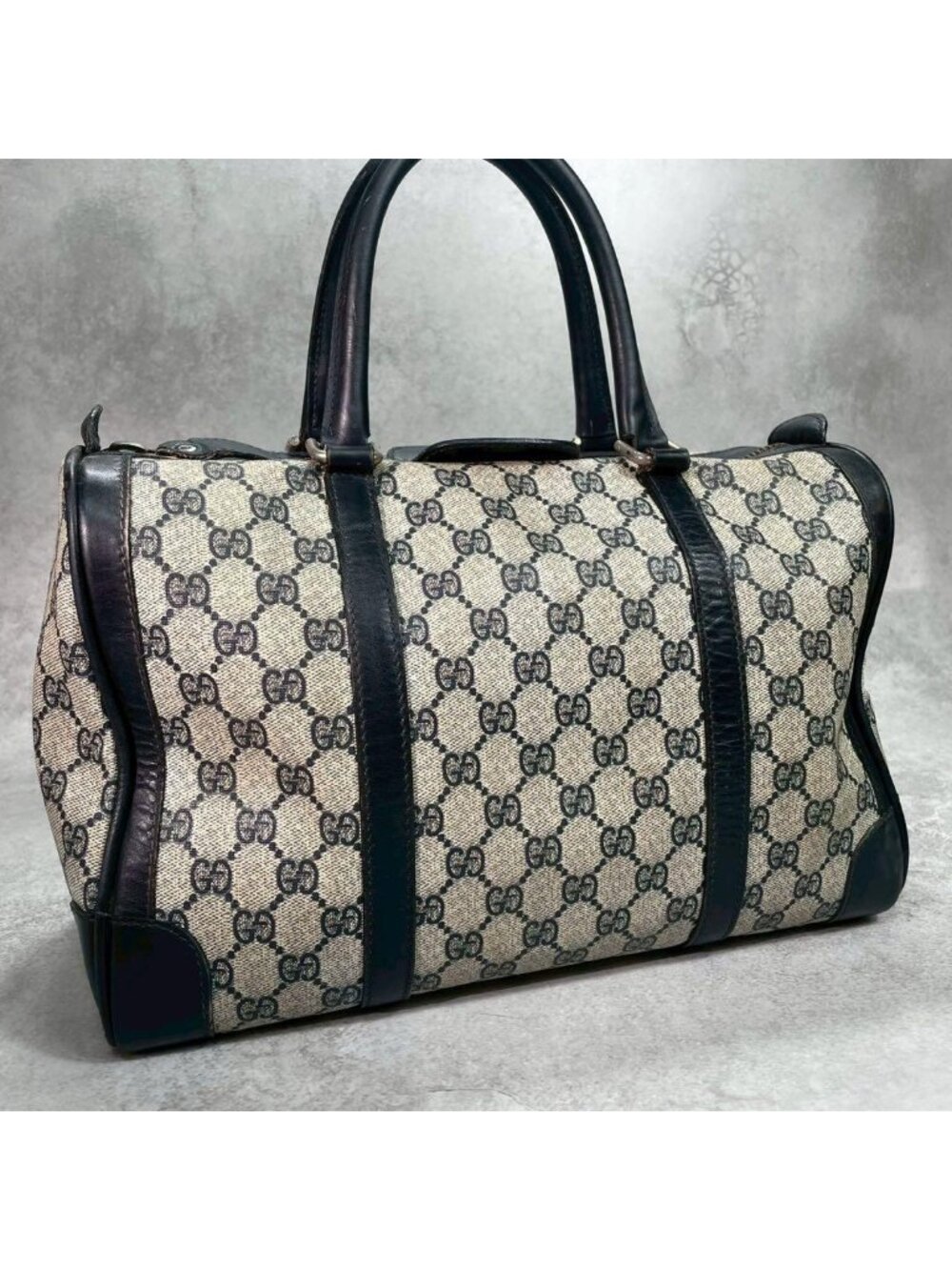 Gucci GG Boston Bag Hand Navy Leather Gold